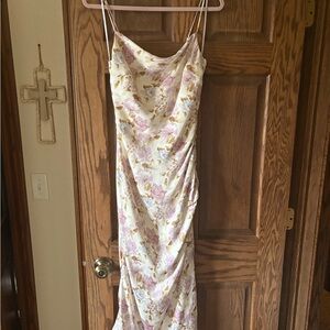 Lulu's Cream Floral Slip Midi Dress with Pink & Gold Accents